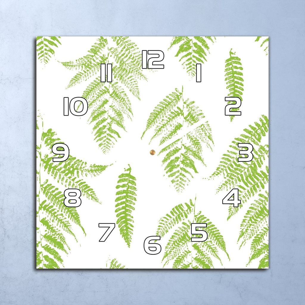 Deko Glasuhr Wanduhr 30x30 grüne Farnblätter Quarz Küchenuhr Bürouhr