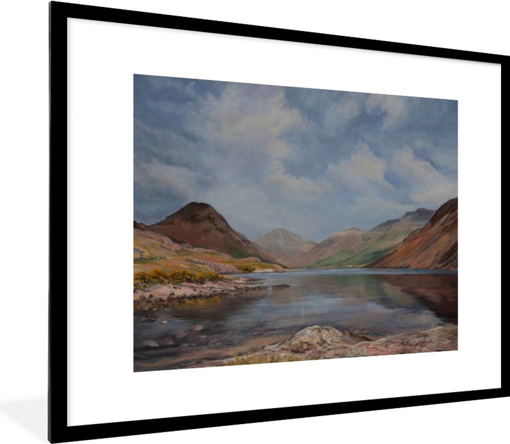 MuchoWow Gerahmtes Poster Ölgemälde Bergsee 80x60 cm - Poster mit Schwarzem Bilderrahmen Wandposter Rahmen Foto Bilder - Schlafzimmer-Dekoratio...