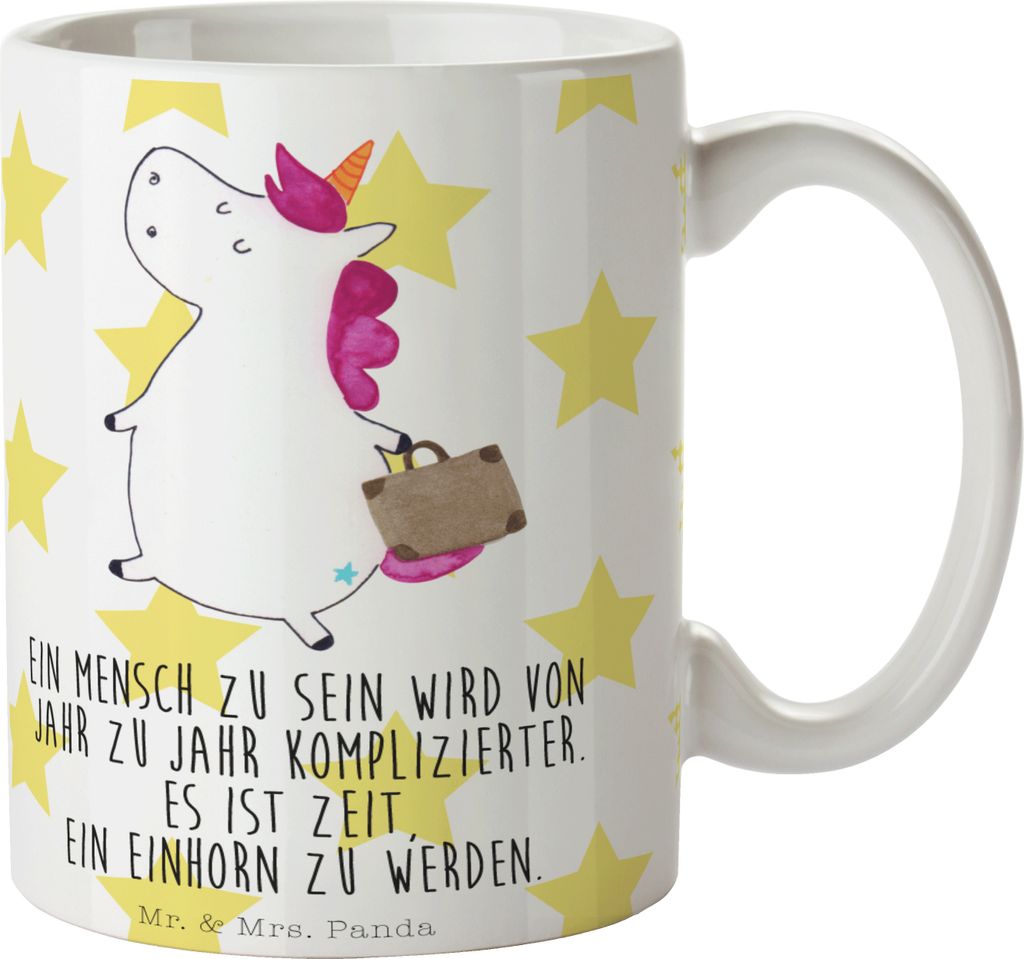 Mr. & Mrs. Panda Tasse Einhorn Koffer - Weiß - Geschenk, Kaffeetasse, Lustig, Spaß, Henkelpott, Unicorn, Reise, Keramiktasse, Bedruckte, Kaffeebe...