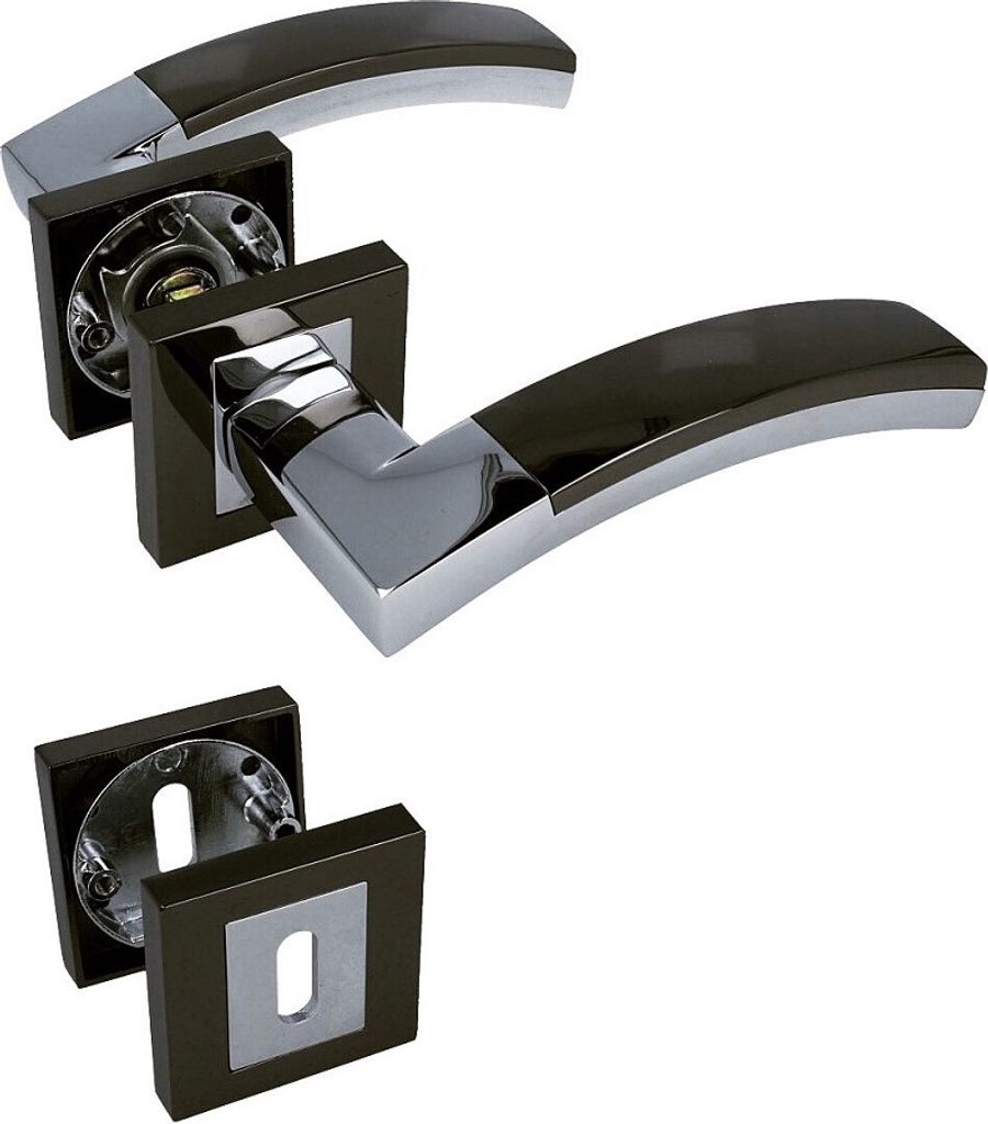 Two door handles and a separate escutcheon plate are displayed against a white background.