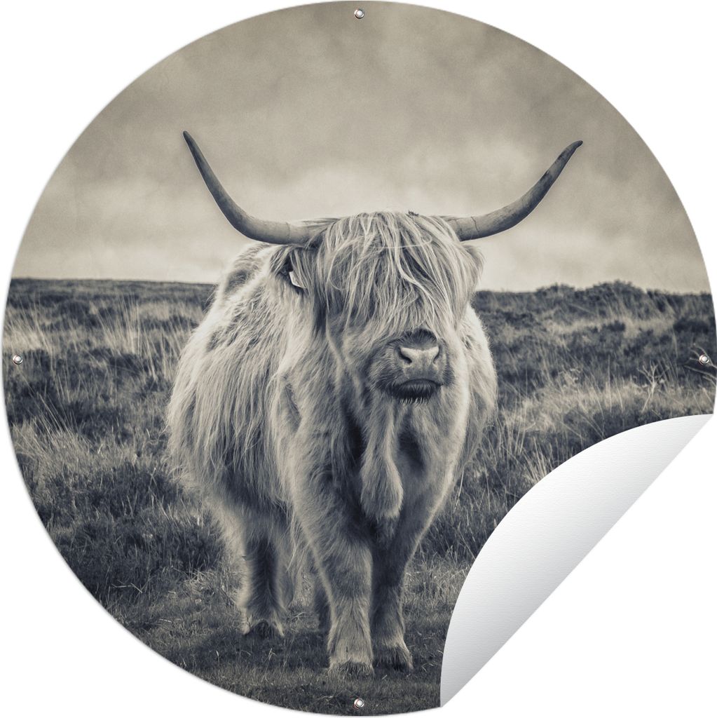 MuchoWow Gartenposter Outdoor-Poster Rund Schottischer Hochländer - Tiere - Wolken - Kuh - Natur Ø 60 cm Gartendeko Rundes Poster draußen
