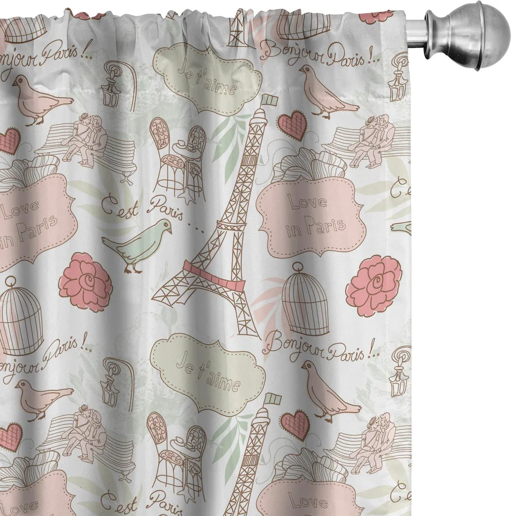 ABAKUHAUS Paris Tende, tende, "Amanti della cultura pop francese nelle strade Ciao Ti amo Fiore Pastello Vita Immagine", 2 pezzi 75 x 175 cm, Rosa essiccata Crema