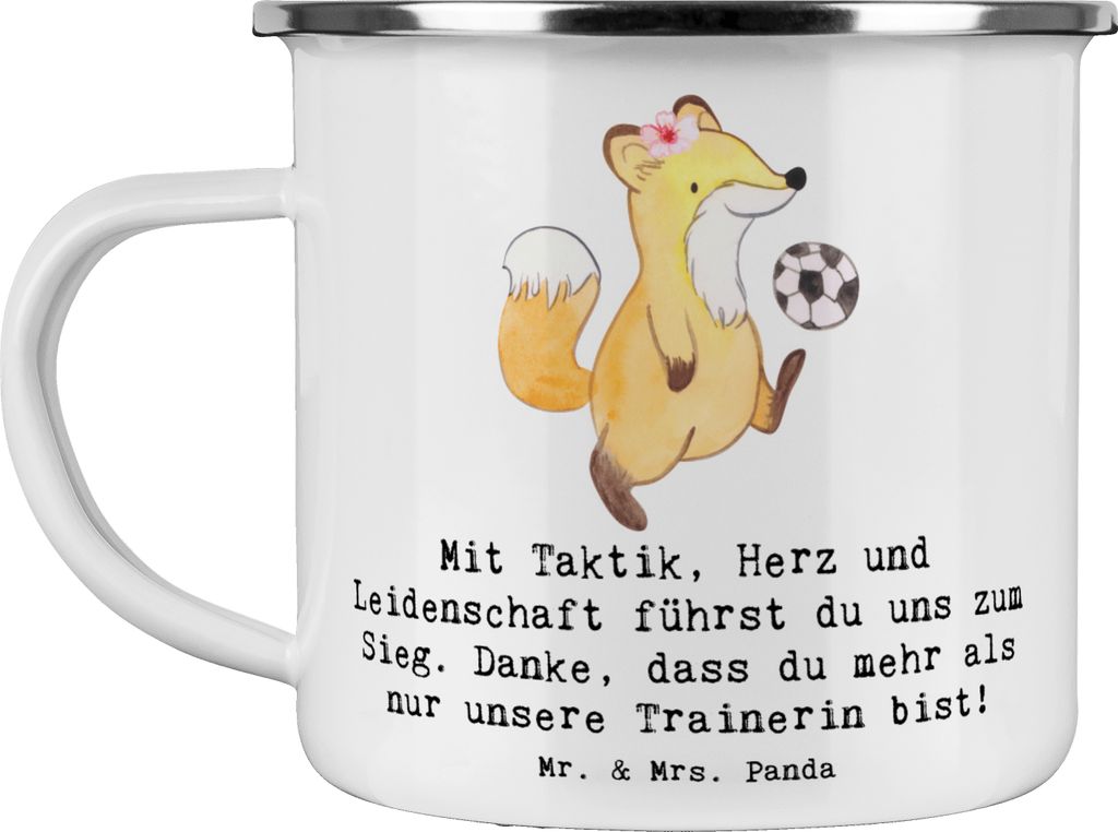 Mr. & Mrs. Panda Reisebecher Fussball Trainerin - Weiß - Geschenk, Sportart, Danksagung, Emaille Tasse, Hingabe, Campingtasse, Coaching, Sport, Le...