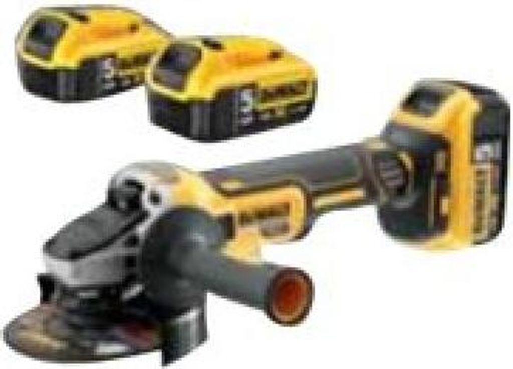 A DeWalt angle grinder with two batteries.