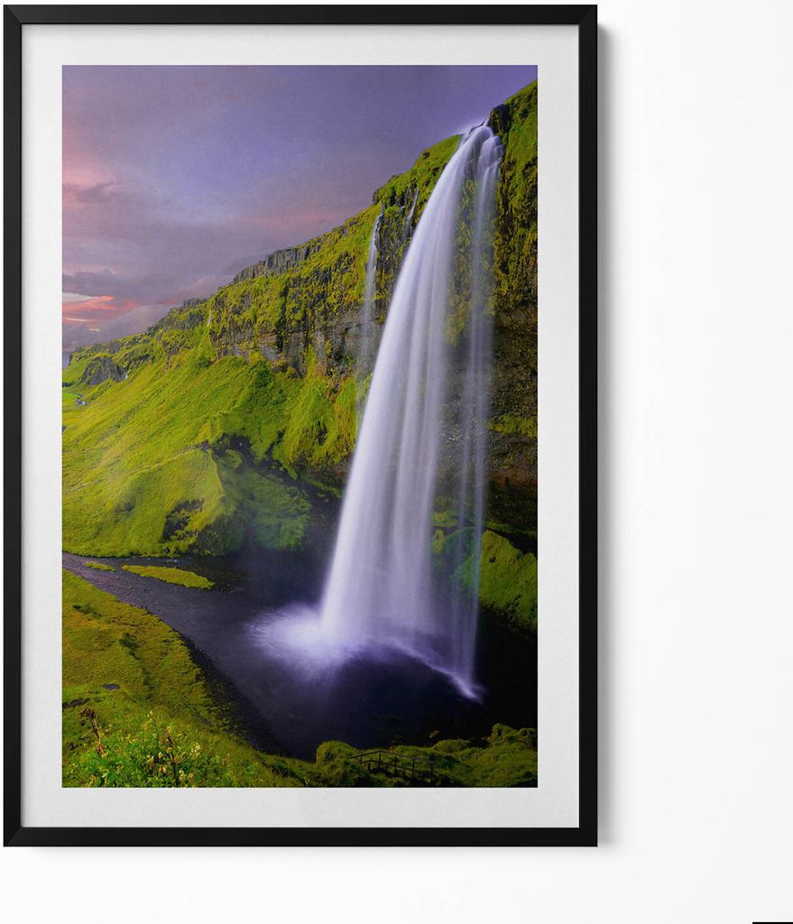 Halb- und Wasserfalllandschaft– Wandbild mit Rahmen – Gerahmtes Bild – Wanddekoration – 70x100 cm – Schwarz Rahmen
