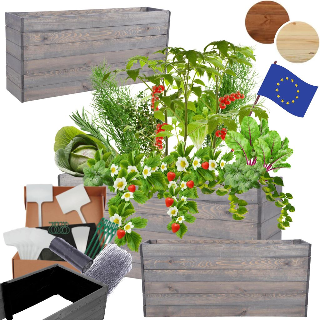 MODO24 Hochbeet Holz, Pflanzkasten, Massivholz, Kiefer, Kräuterbeet, Blumenkasten, Garten, Terrasse, 54x120x30 cm, Grau, ZP06