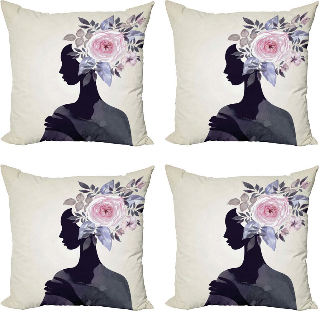 ABAKUHAUS Aquarell Kissenbezug Set (4 Stück), Lady Flower Feminine, Moderner Doppelseitiger Digitaldruck, 40 cm x 40 cm, Dark Purple Rosa Beige