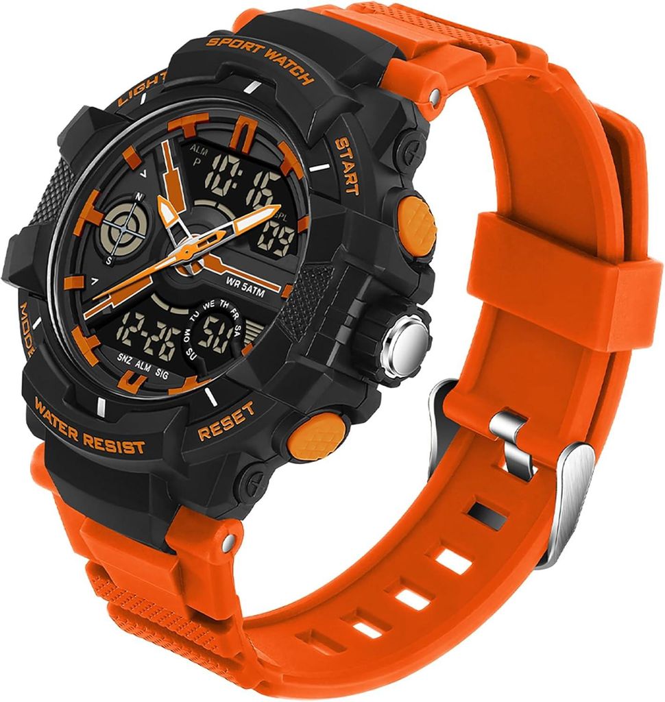 Watch für Herren Jungen Kinder, Analog Digital Quarz Orange Armbanduhr mit Alarm/Stoppuhr/Zwei Zeitzonen/LED 5 ATM Wasserdicht Sportuhren für Mä...