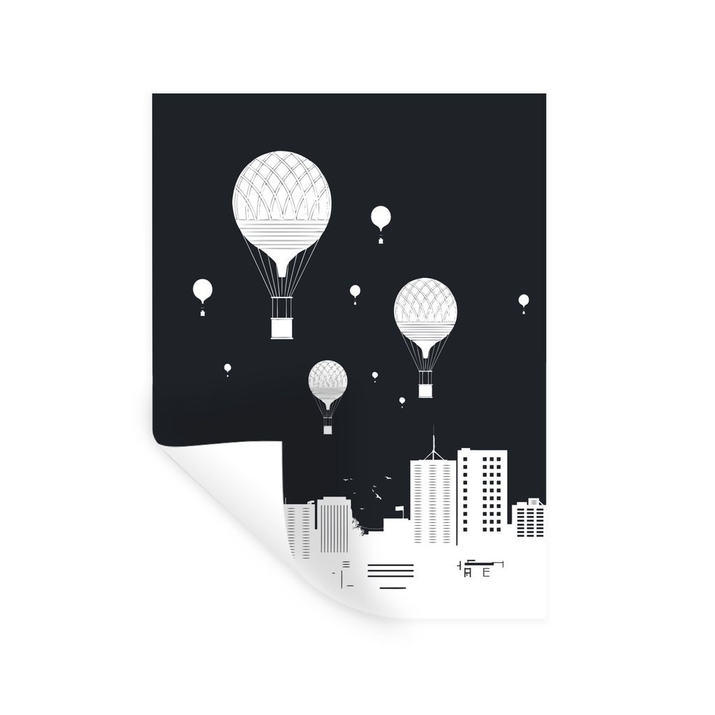 MuchoWow Wandtattoo Wandsticker Wandaufkleber Stadt - Heißluftballons - Schwarz - Weiß 90x120 cm Selbstklebend und Repositionierbar - Faltenfrei