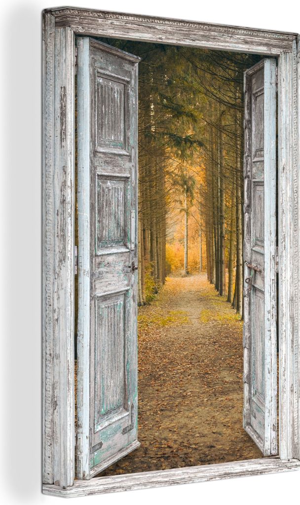 OneMillionCanvasses - Leinwandbilder - 90x140 cm, Wald - Herbst - Ausblick, - Geöffnetes Fenster - Fensterblick Schlafzimmer Kunstdruck Wanddeko...