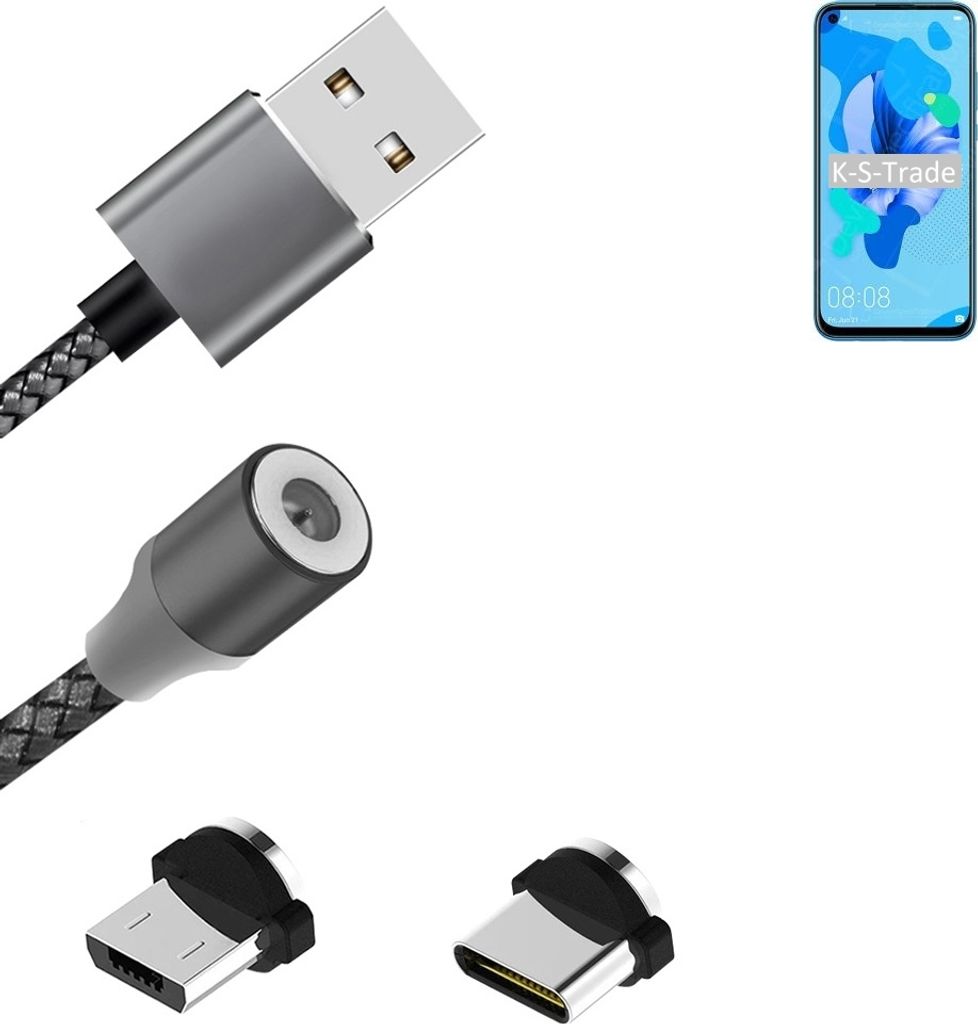 K-S-Trade Hochwertiges Magnet-Lade-kabel Sync-Kabel Daten-Kabel für Huawei P20 Lite 2019 mit USB-Typ-C-Anschluss und Micro-USB-Anschluss 2A bis zu