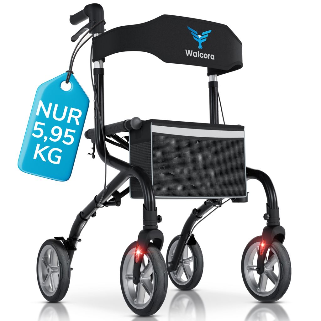Rollator Faltbar und Leicht mit Sitz - NUR 5,95 KG - Gehhilfe für Senioren - Rollator Schmal für die Wohnung - Indoor & Outdoor - Klappbar Stockh...