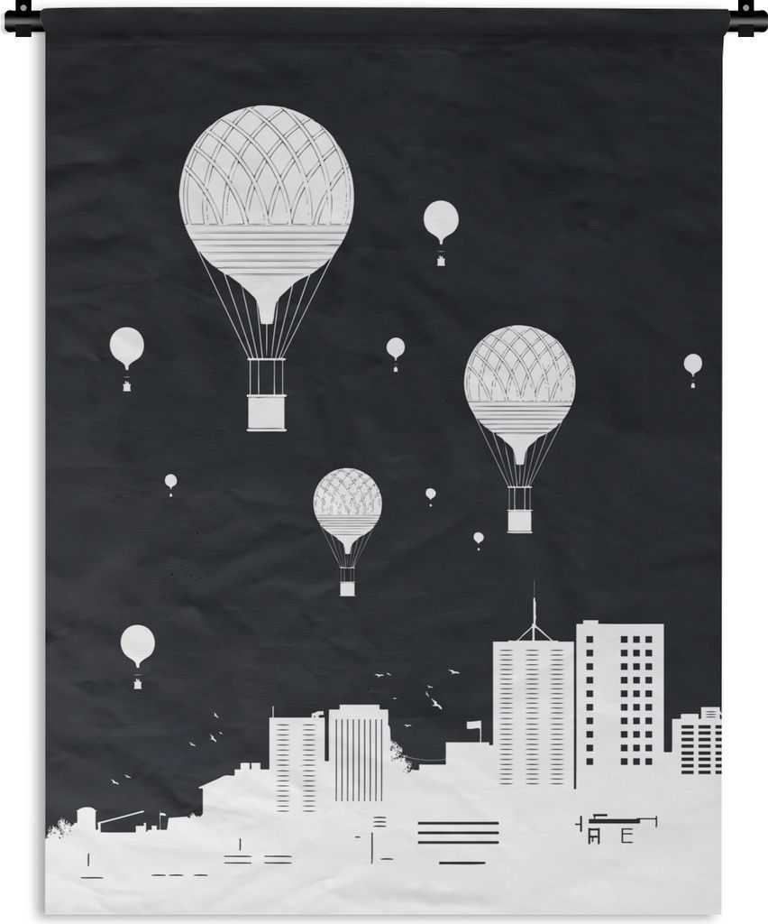 MuchoWow Wandteppich Wandbehang Stadt - Heißluftballons - Schwarz - Weiß 150x200 cm Tapisserie Dekoration Wandtuch - Wandaufhängung - Moderner