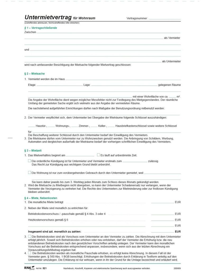 RNK Untermietvertrag DIN A4 SD für Wohnräume Produktbild 