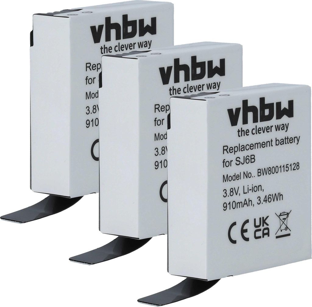 vhbw 3x Akku kompatibel mit Sjcam SJ6 Legend Videokamera Camcorder (910 mAh, 3,8 V, Li-Ion)
