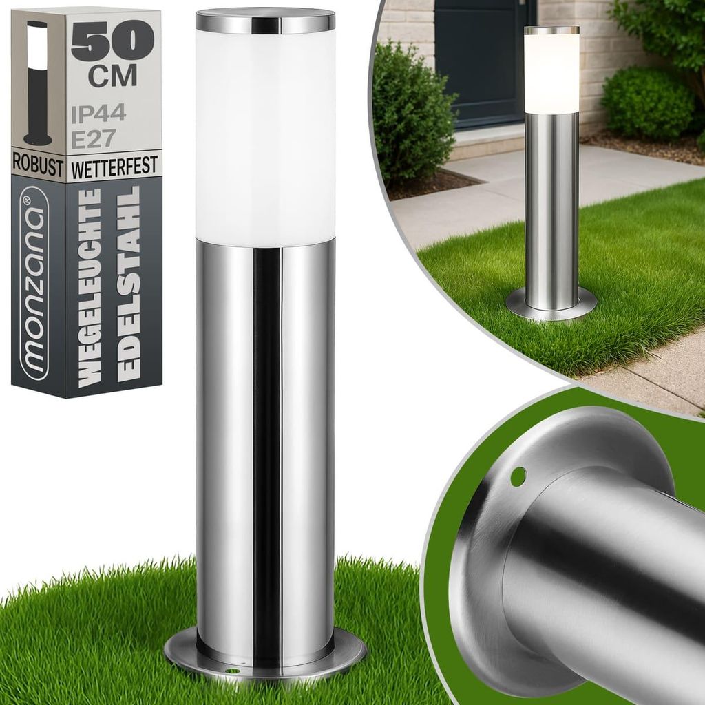 A product collage showing a stainless steel outdoor lamp in different views and settings.