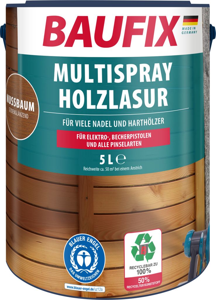 BAUFIX Multispray Holzlasur nussbaum seidenglänzend, 5 Liter, Holzlasur