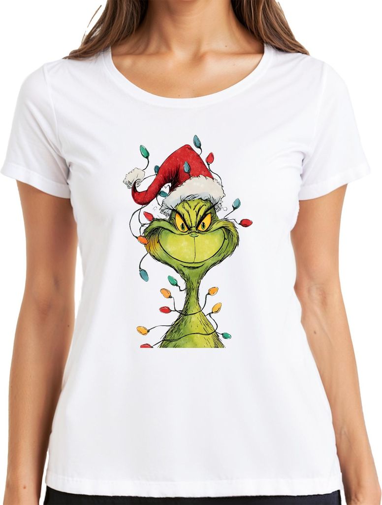 Grinch böser Grinser Lichterkette Weihnachten Geschenk retro Damen T-Shirt, Weiß, 3XL