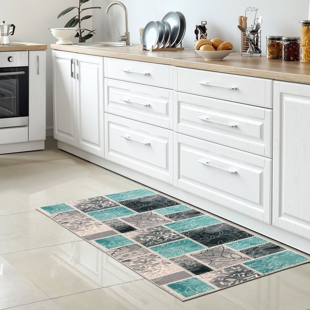 Moderner Küchenläufer I Gelrücken I auffälliges Karomuster I Türkis, Creme und Grau Größe - 80 x 150 cm