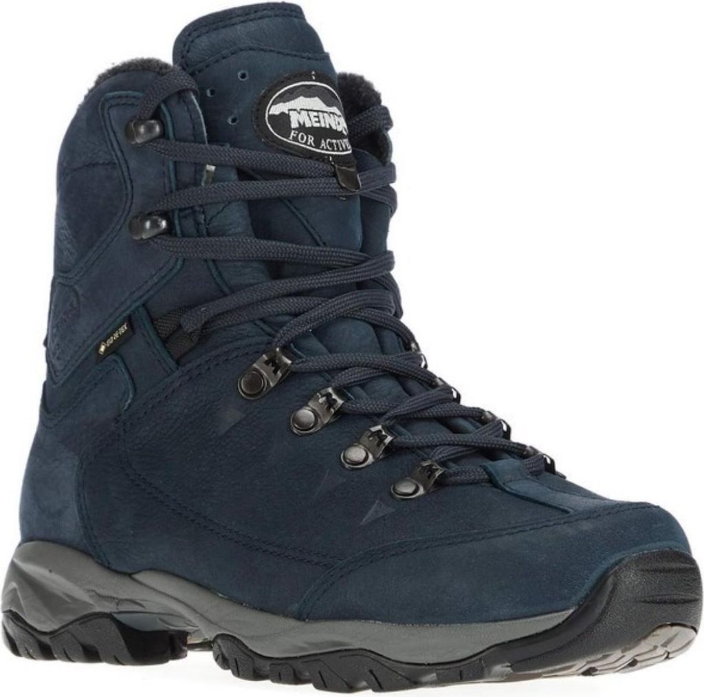 A single navy blue winter boot is shown against a white background.