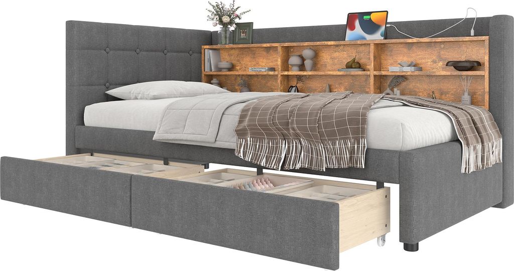Daybett, 90*200cm, Tagesbett, Schlafsofa, mit 2 Schubladen, USB + Typ C, mehreren Ablagefächern, Bett mit Lattenrost (ohne Matratze), Leinen, Grau
