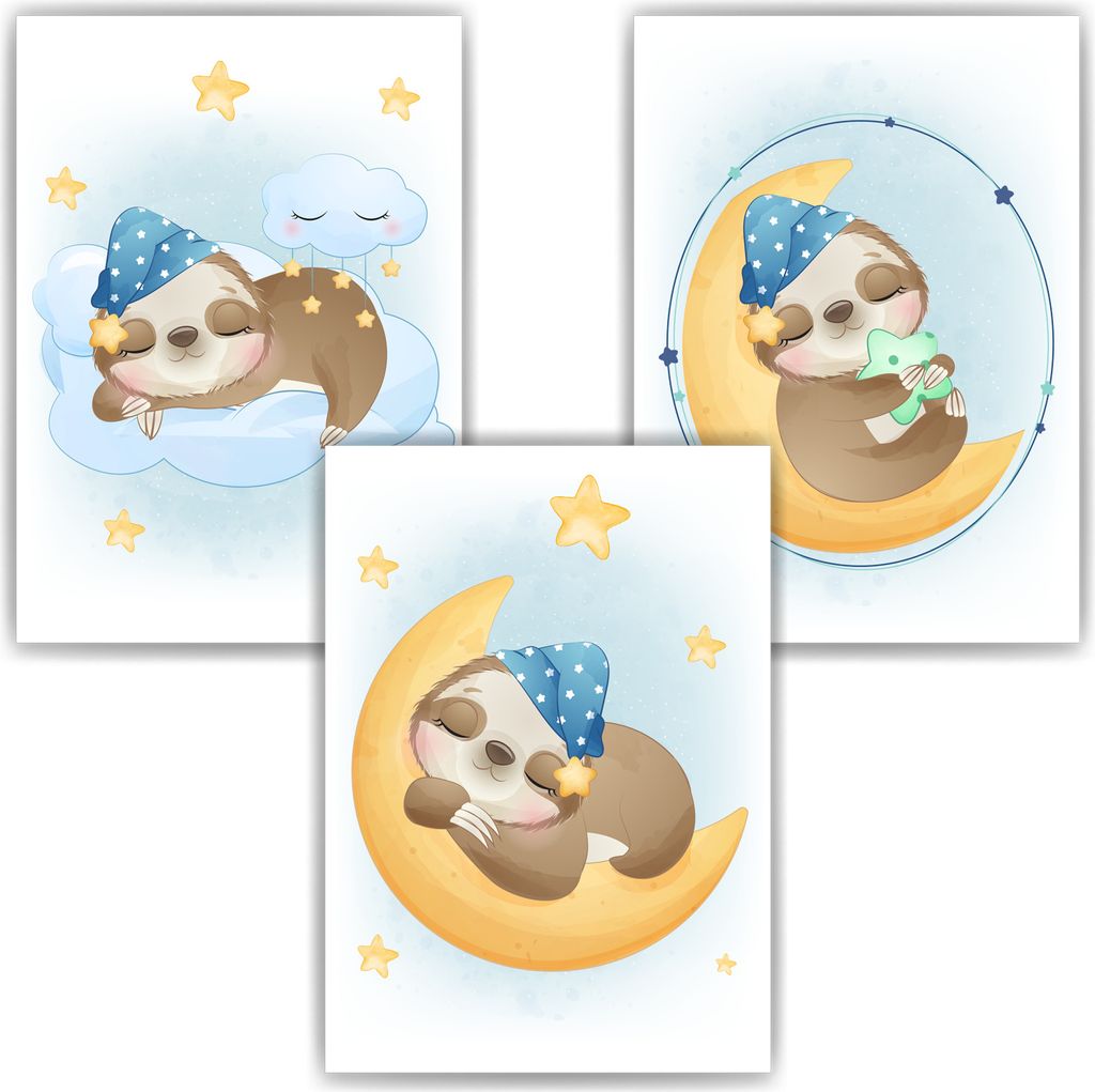 3er Set Poster für Kinderzimmer Bilder Babyzimmer Babyparty Kinderposter Faultier Blau – DIN A3 (29.7x42cm)