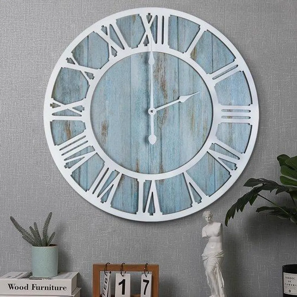Horloge murale silencieuse en bois bleu pour salon et bureau moderne