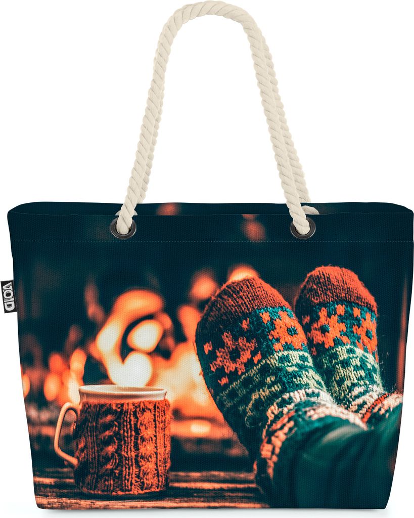 VOID Winter Kamin Tee Feuer Strandtasche Shopper 58x38x16cm 23L XXL Einkaufstasche Tasche Reisetasche Beach Bag