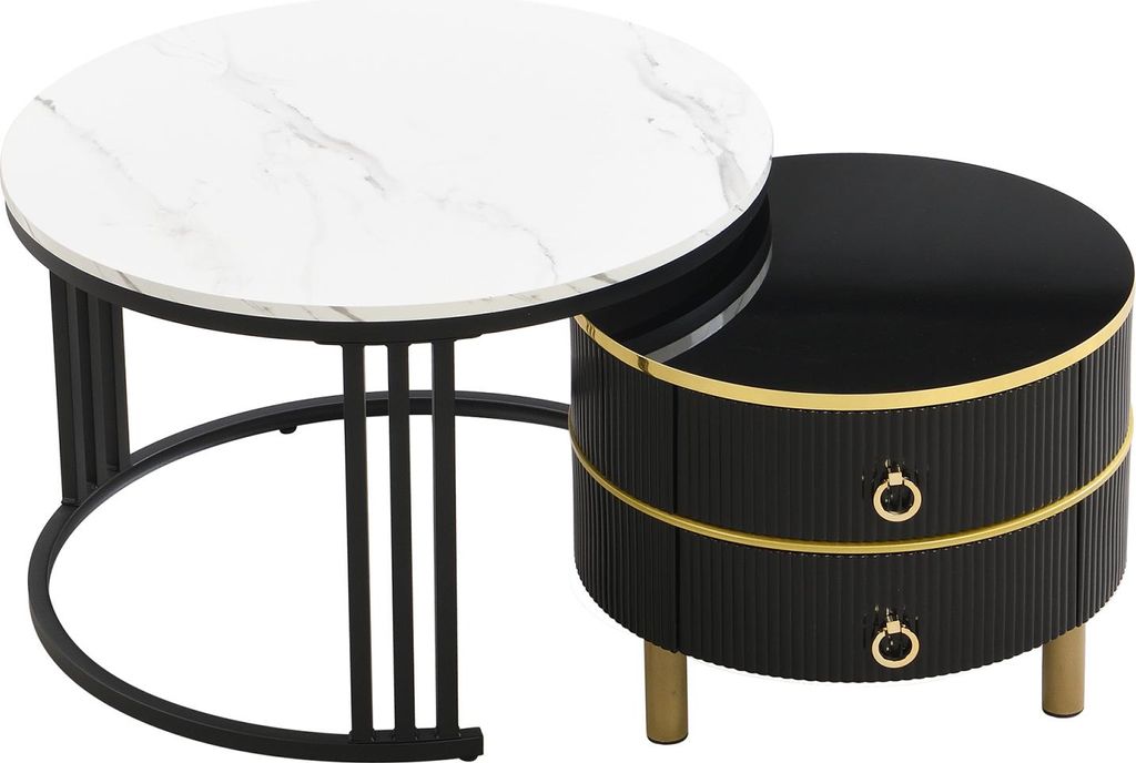 Fortuna Lai 2-in-1-Couchtisch, rund, MDF, Beistelltisch mit weißer Marmorplatte, 2 Schubladen, Schwarz