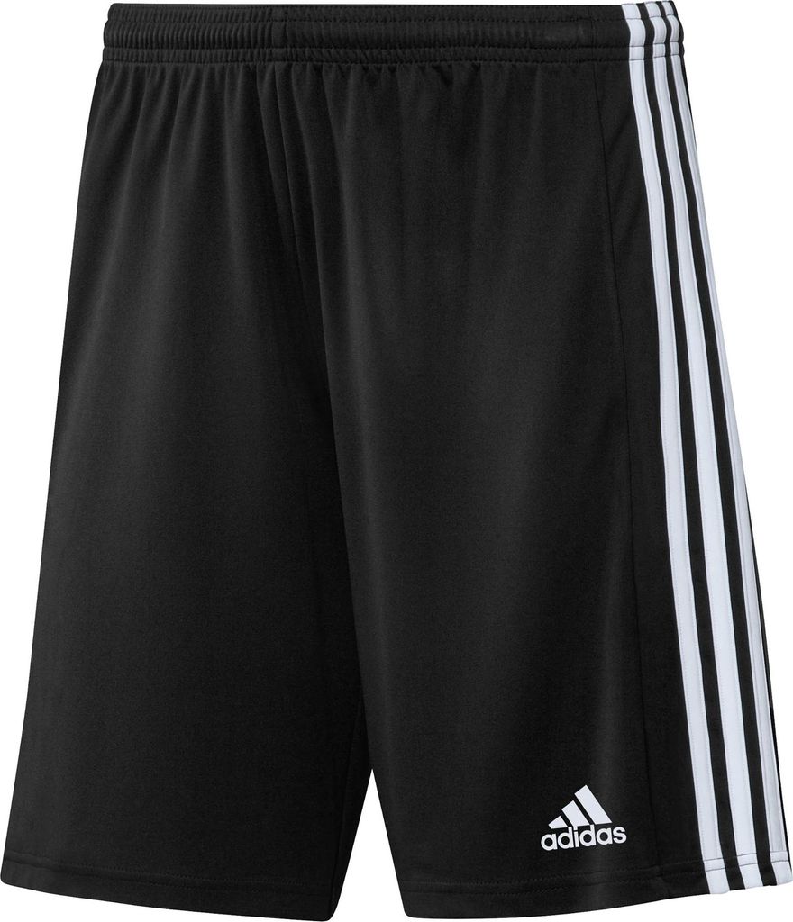 A pair of black Adidas shorts with white stripes on the side.