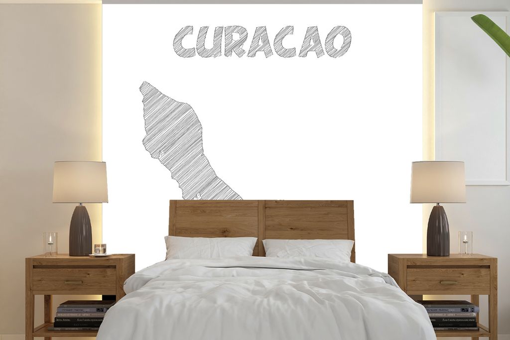 MuchoWow Fototapete für Wohnzimmer oder Schlafzimmer Wandtapete Vinyl Motivtapete Illustration einer Skizze von Curaçao in schwarz-weiß - 350x...