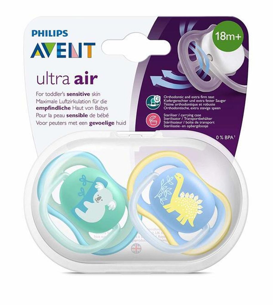 Sucettes Philips Avent Ultra-douces Orthodontiques - Pour Bébés 18 Mois+ - Lot De 4 Avec étuis Stérilisateurs - Sans BPA