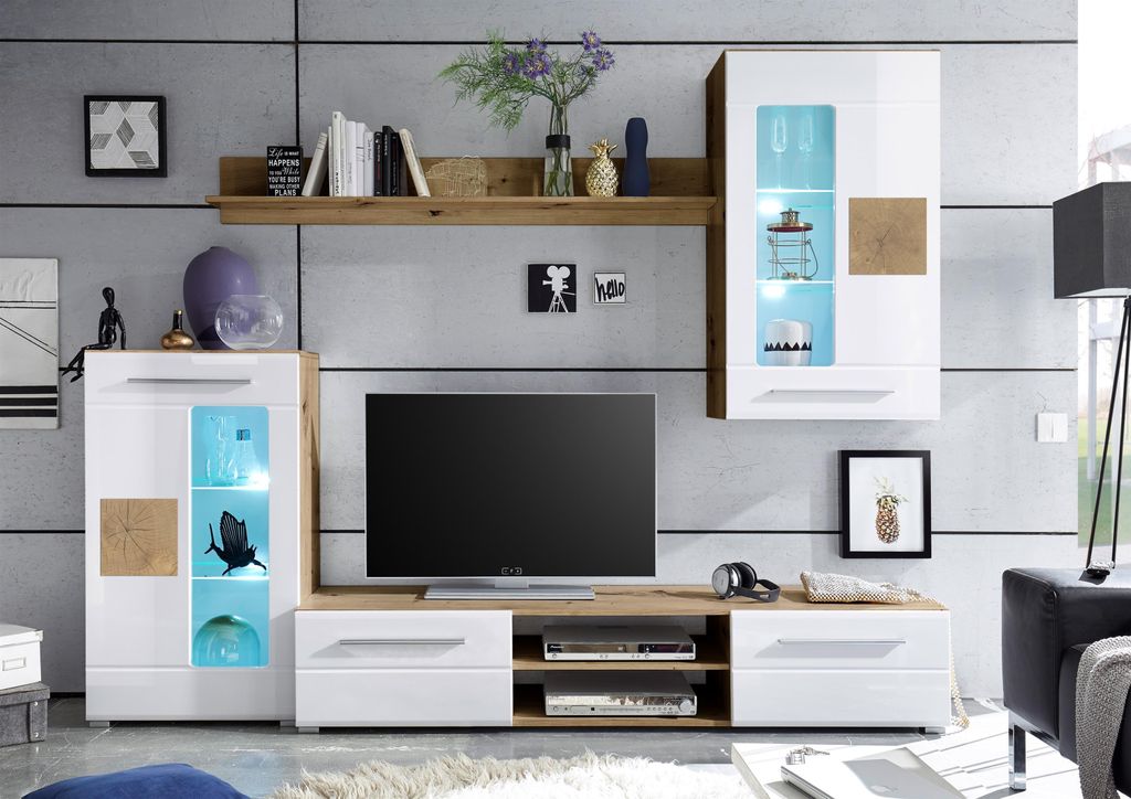 Wohnwand Schrankwand Anbauwand TV-Wand Mediawand Wohnzimmerwand "Goran I" Artisan Eiche / Weiß-Hochglanz