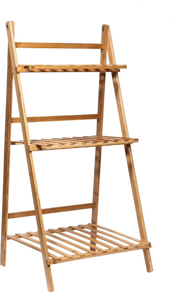 A three-tiered wooden plant stand.