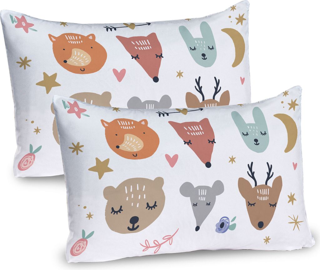 ABAKUHAUS Kindergarten Kissenbezug Packung mit 2, Bunte nette Tier skandinavischen Stil Zeichnung Bär Deer Häschen Fox Maus Sterne, Dekorativer G...