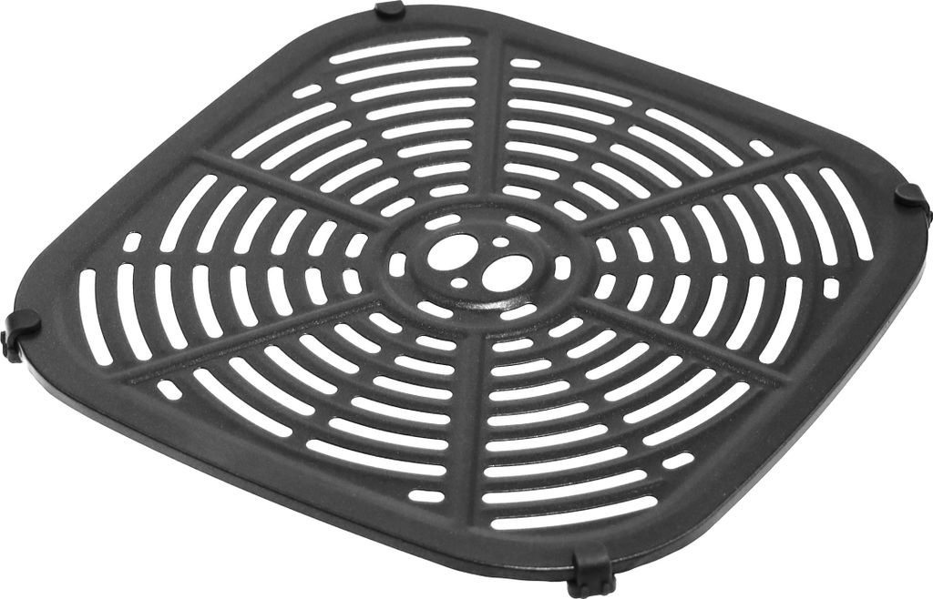 A black air fryer grate is shown from a slightly elevated angle against a white background.