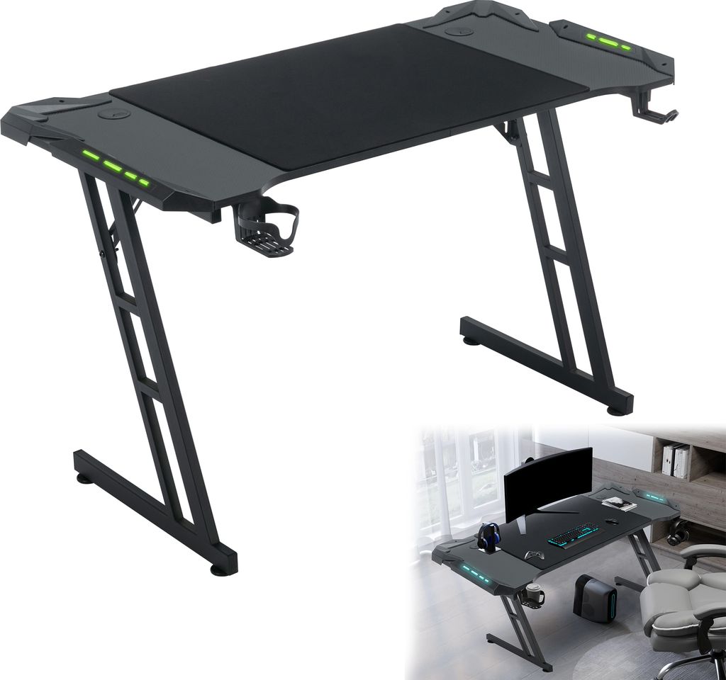 A gaming desk with RGB LED lighting, a headphone hook, and a cup holder, shown from a slightly elevated angle against a white background. A smaller inset image shows the desk in a room setting with a computer and chair.