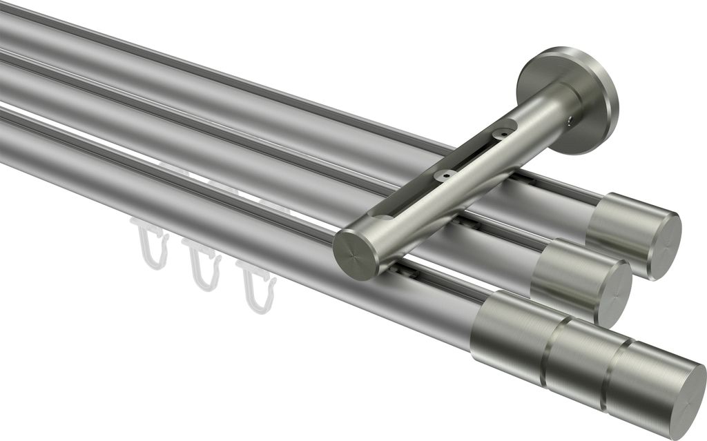 Interdeco Innenlaufstange / Gardinenstange mit Innenlauf Silbergrau / Edelstahl-Optik, Typ Siteno Elanto (Rillenzylinder), 20 mm Ø 3-läufig, 220 cm