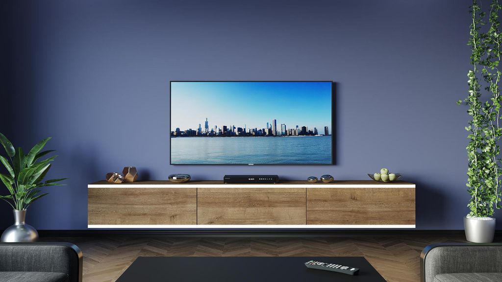 FURNITECH TV Lowboard TV Board hängend TV Schrank/300 cm Eiche Gold, Weiße Zierleiste M9-24M-DZ4-LB1-1G