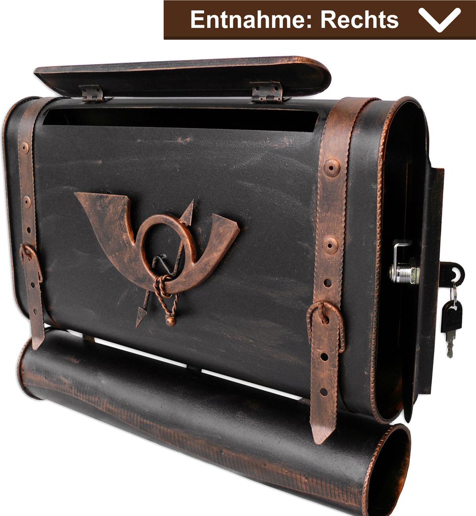 Briefkasten Retro alter Koffer mit Posthorn Postkasten mit Zeitungsfach Vintage Schwarz Gold Kupfer Silber Wandbriefkasten Antik Design - Farbe: Sc...