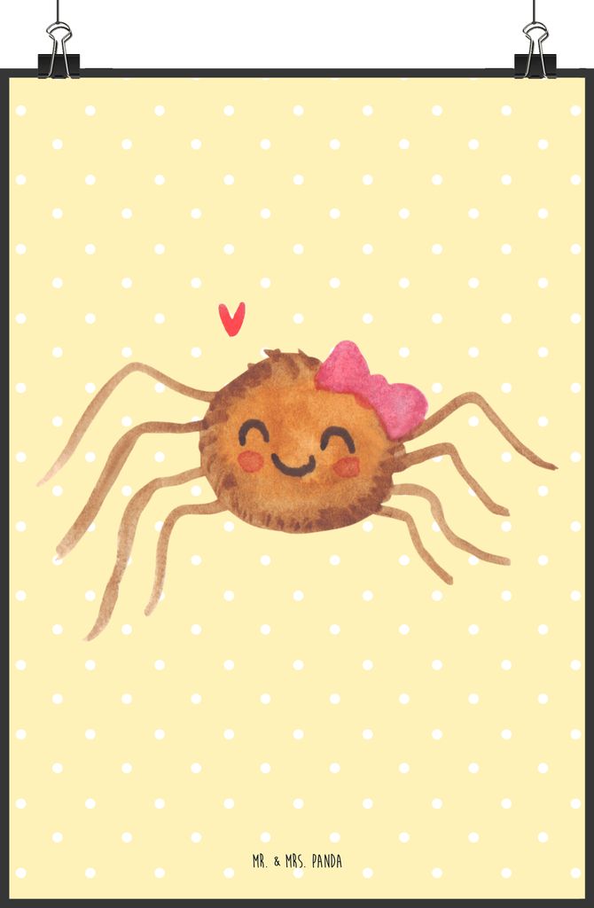 Mr. & Mrs. Panda Bild Spinne Agathe Freude DIN A5 - Gelb Pastell - Geschenk, Viraler Hit, Viral, Trend, drucke, wanddeko, Beliebte, wandkunst, Wand...