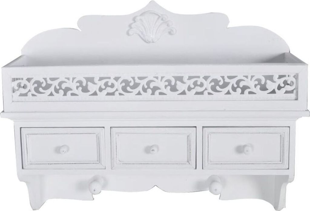 A white wooden wall-mounted shelf with three drawers and decorative carvings.