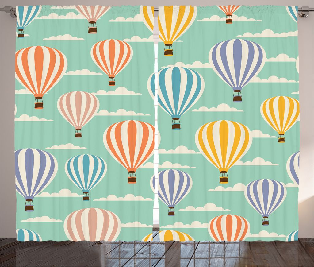 ABAKUHAUS Bunt Rustikaler Gardine, Retro Reise-Ballone, Schlafzimmer Kräuselband Vorhang mit Schlaufen und Haken, 280 x 245 cm, Blau Orange Lila