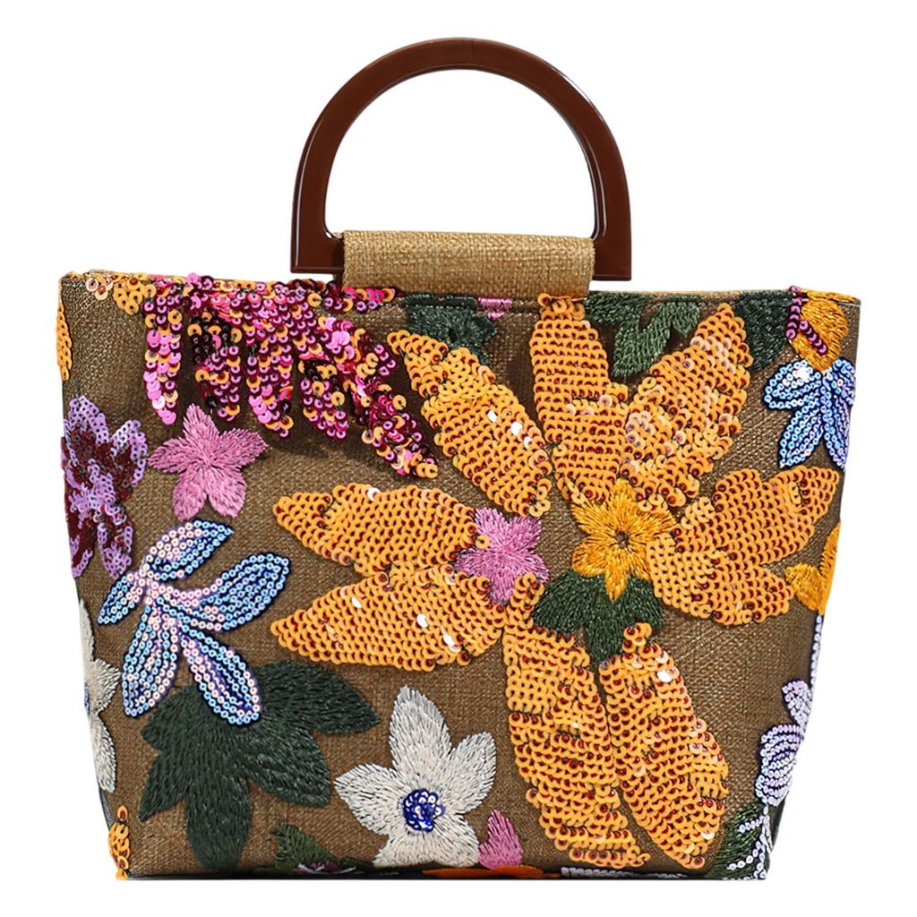 Damen Blumenstickerei Henkeltasche, Sommer Leinen Einkaufstasche, Pailletten Handtasche, Gelb