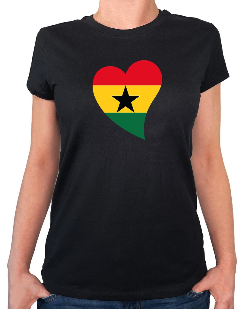 Huuraa Damen T-Shirt Ghana Flagge Herz M Black Bio Baumwolle Fairtrade Damenshirt Geschenkidee
