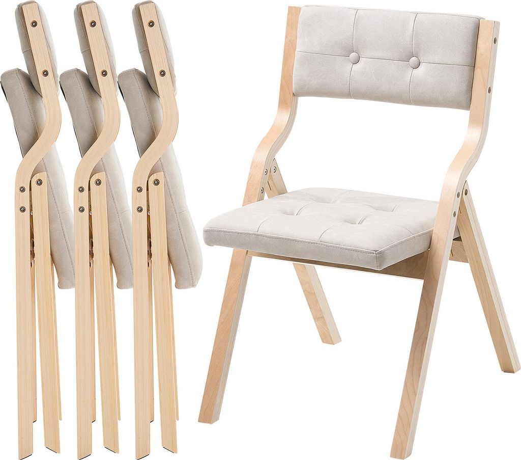A set of four folding chairs, with one chair unfolded and displayed prominently on the right, and three chairs folded and stacked on the left.