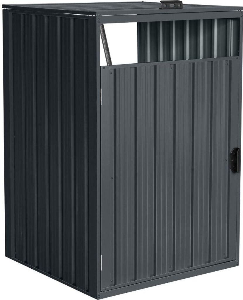 A dark gray metal trash can enclosure with a door and an open top section.