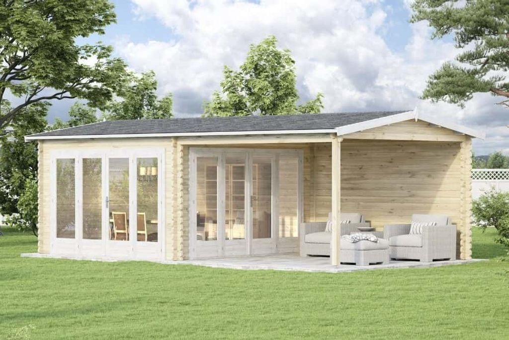 Alpholz Gartenhaus Freiburg-44 aus imprägniertem (Pinie) Holz 755 x 399 cm mit 44 mm Wandstärke, Terrasse und Doppeltür