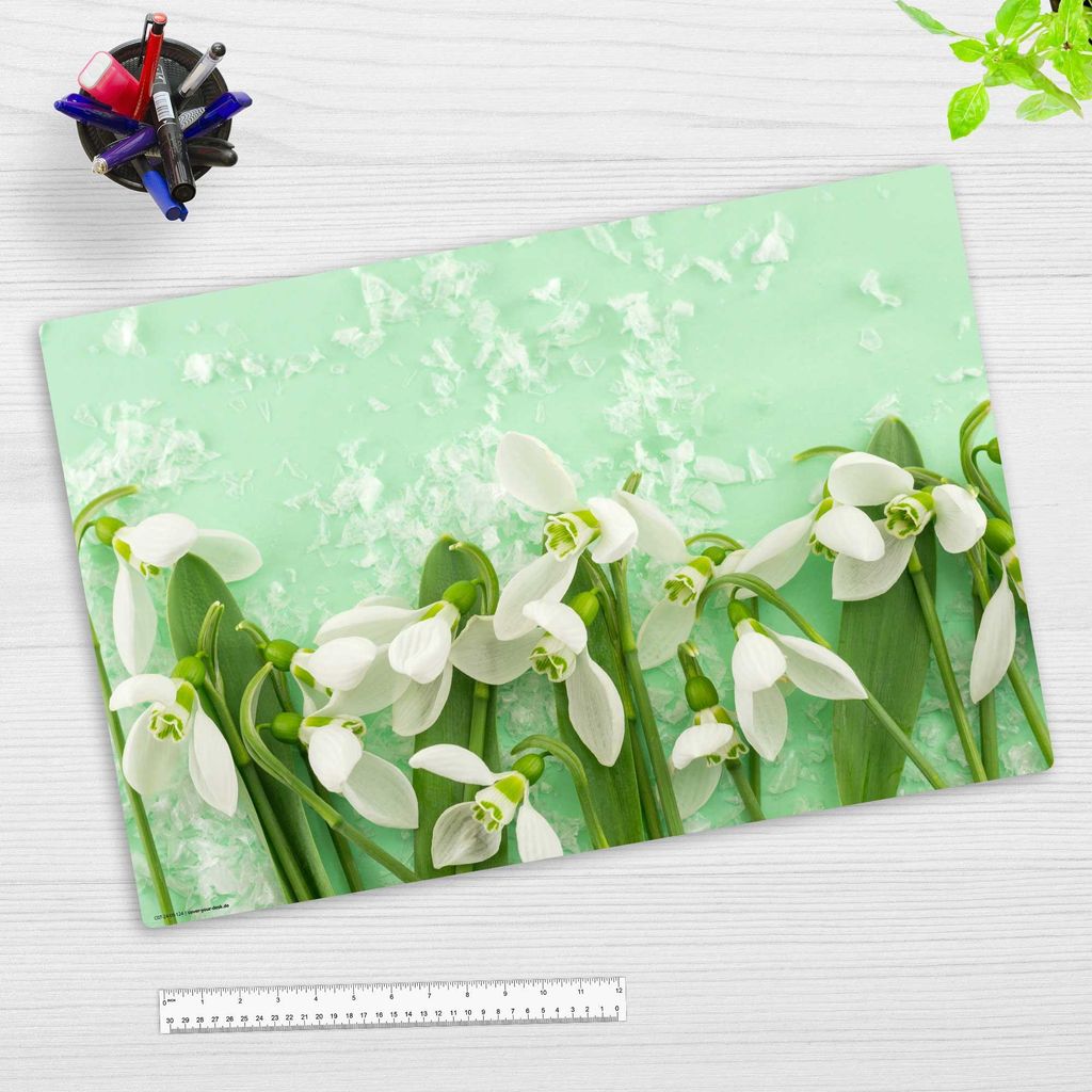 Schreibtischunterlage für Kinder und Erwachsene - Schneeglöckchen vor grünem Hintergrund - 60 x 40 cm - premium Vinyl - Germany