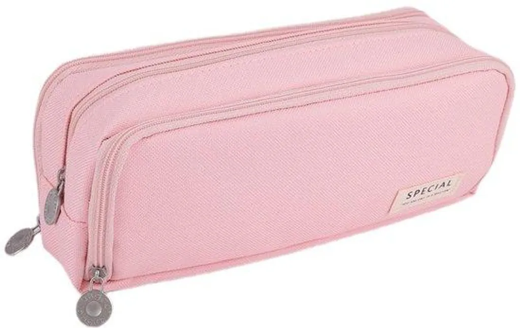 Trousse de bureau rose à compartiments triples pour stylos et feutres